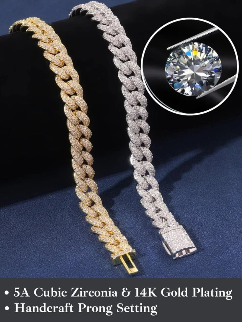 Unisex 8mm Cuban Link Bracelet & Necklace Set, Gold/White Gold Iced Out Hip Hop